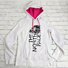 The North Face Hoodie Womens Small White Graphic Logo Sweatshirt Pink Trim