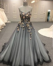 Vintage 3D Flowers Wedding Dresses with Straps Blue Lining A Line Bridal Gowns