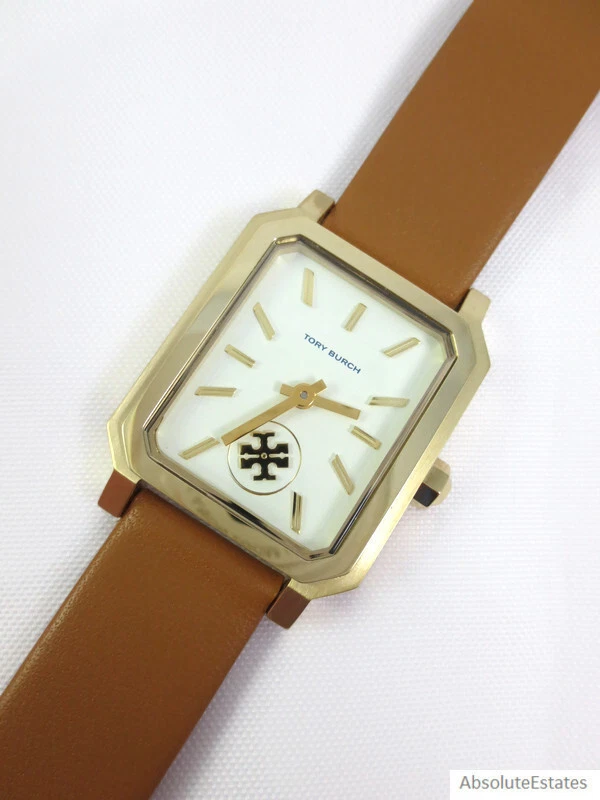 NEW Tory Burch Robinson Gold Tan Brown Leather Strap Watch TBW1503 Logo NIB