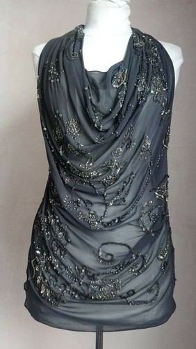 ALLSAINTS SPITALFIELDS GARCIA Sheer Grey Silk Hand Beaded Top uk size 6