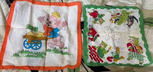 vintage childrens handkerchiefs three little pigs 8in