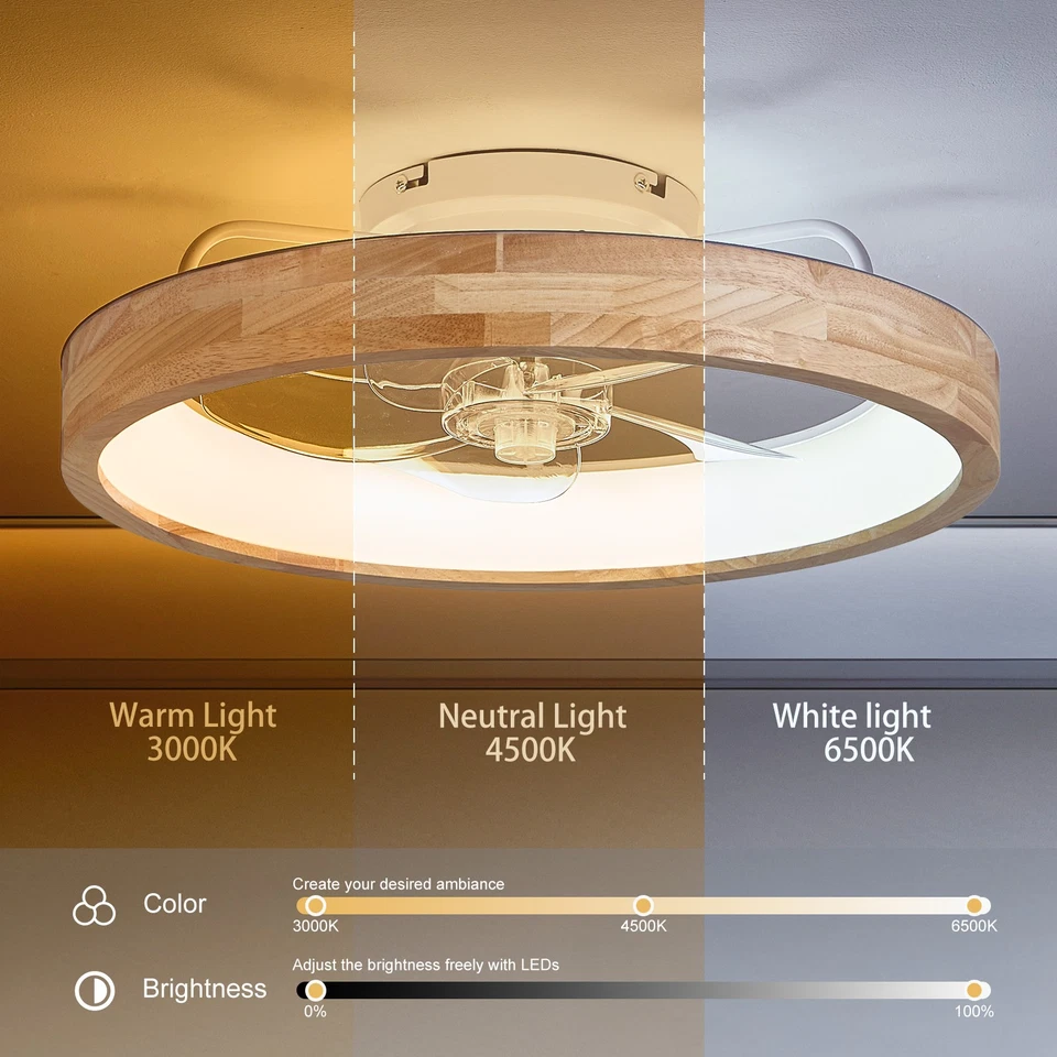 20" Wood Low Profile LED Ceiling Fan Light Flush Mount with Remote APP Control - Image 4 of 4