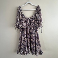 En Saison floral babydoll mini dress M purple off shoulder puff gothic romantic