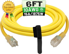 6 Ft 10AWG Outdoor Extension Cord Waterproof Heavy Duty 10 Gauge 3 Prong, Flexib