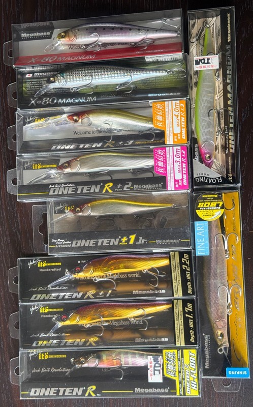 Lot of 10 - Megabass 110 Jerkbaits - R, R+1, +2, +3, Magnum & Cookai Bring 130