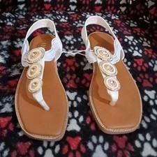 Women s White/Tan Thong Flat Slip-On Sandals Strappy Beaded Medallion Casual