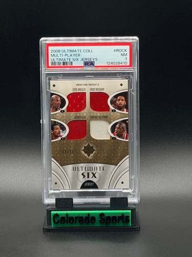 OLAJUWON MCGRADY MING DREXLER 2008 UD Ultimate Six Game-Worn Patches 27/35 PSA 7