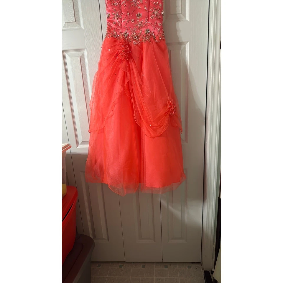 "Tiffany Designs" Size 8 Girls Formal Dress Punch w/Silver Beads  - Image 3 of 4