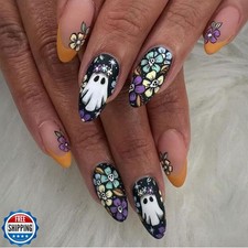 24 Pcs Halloween Press on Nails Medium Almond Fake Nails with Flower Skull an