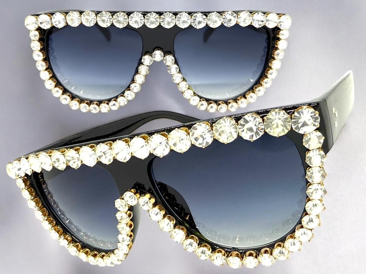Oversized Exaggerated Retro Shield Bling SUNGLASSES Large Black - Main Image