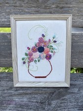 Vintage Framed Crewel Embroidery Floral Basket MCM Beautiful Detail   