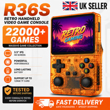 R36S Handheld-Spielkonsole 3,5" IPS Bildschirm Orange Brandneu UK Schneller Versand
