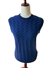 Hand Knit Chunky Navy Blue Sweater Vest Solid Crew Neck Pull Over Preppy S/M
