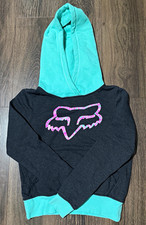 Fox Women's XS Pullover Hoodie Colorblock Black/Teal/Pink Fleece Logo Pockets