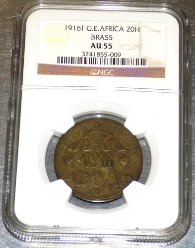 1916 T GERMAN EAST AFRICA 20 HELLER NGC AU 55 BN BRASS 20H WWI ERA KM15a COIN