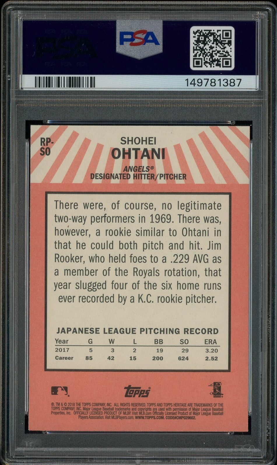2018 Topps Heritage Rookie Performers Shohei Ohtani Angels RC Rookie PSA 10 view 2