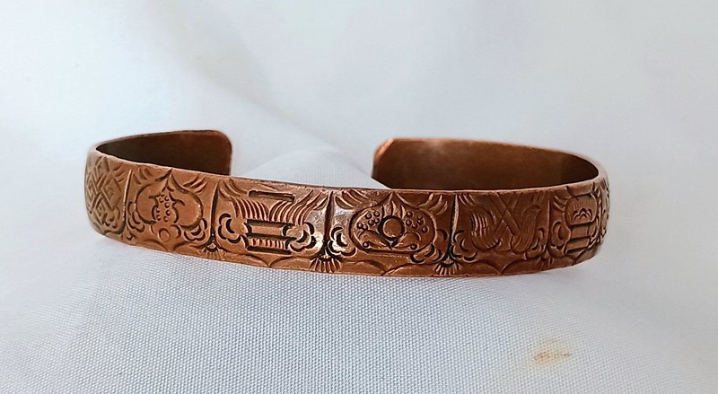 Vtg Tibetan Copper Cuff Bracelet Buddhist 8 Auspicious Symbols Ashtamangala 7"