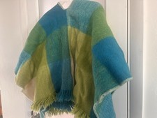 Vtg Wool Green Aqua Plaid Fringed Cape Poncho Woven, One Size Fits All