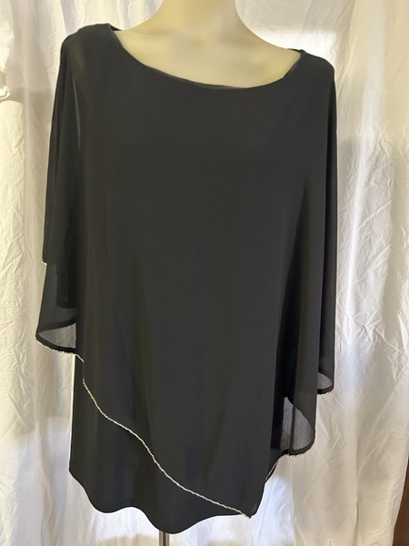 TS Black Chiffon Sheer Blouse tank lined beaded Hem Round Neck 3/4 Sleeve L