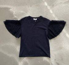 See By Chloe Womens Black Jersey Top XS Lace Flutter Sleeves Cute T-Shirt NWT