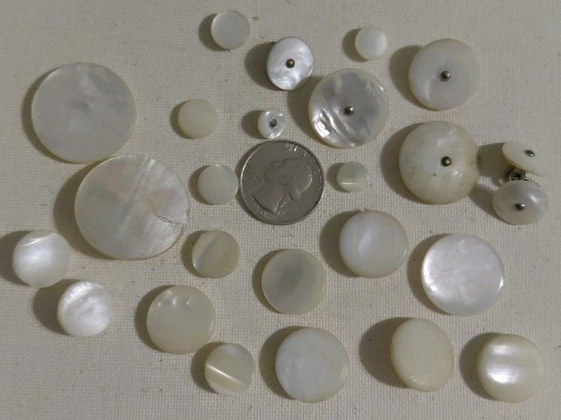 Mixed Lot of 25 Vintage Carved Mother of Pearl Shank Buttons, Many Sizes  (#1)