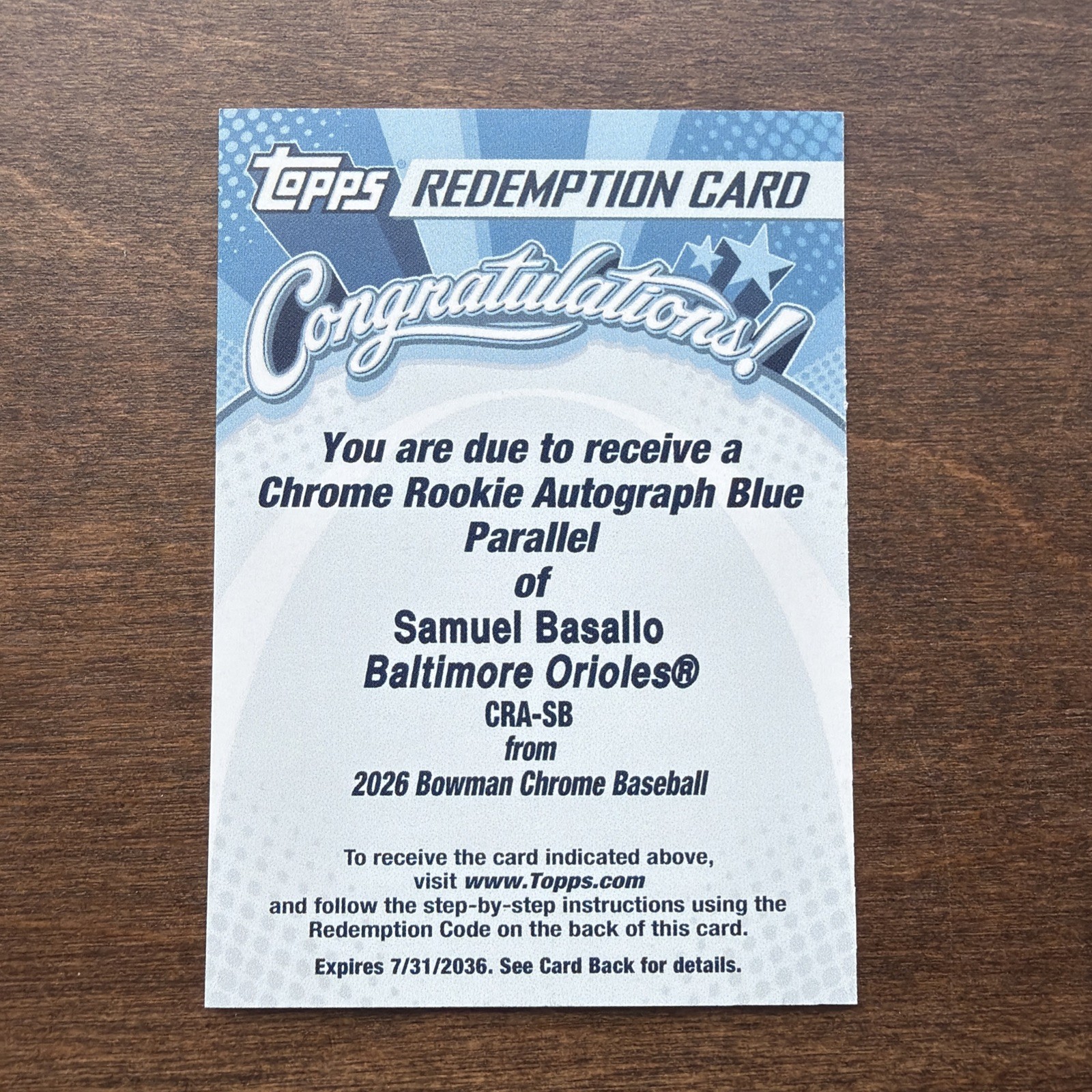Topps 2026 Bowman Chrome Samuel Basallo Orioles RC Auto Blue /150 TRUE BLUE