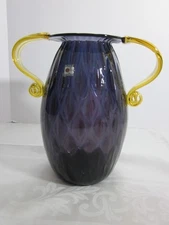 Blenko Vase 10inch Hand Blown Art Glass Amethyst w/Applied Yellow Scroll Handles
