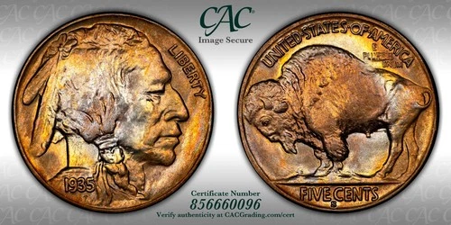 CACG MS-66 1935-S Buffalo Nickel, Stunning, Rainbow Bullseye Toned, Superb Gem!