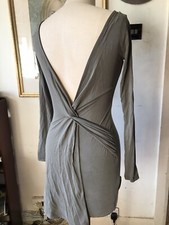 SIZE 4 TO 6 KHAKI GREY HIP LENGTH STRETCH TOP TWIST LOW BACK MISS SELFRIDGE 