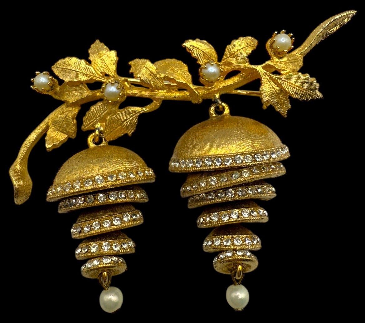 Vintage Vendome Brooch Pin Dangle Crystal Double Articulated Nesting Domes Bell