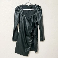 House of Harlow 1960 Dark Green Vegan Leather Long Sleeve Wrap Dress Womens Sz S