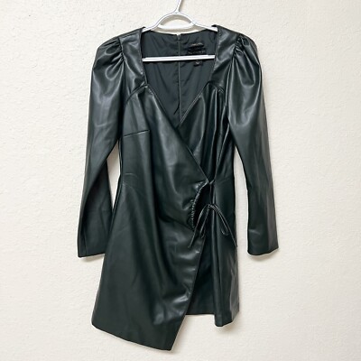 House of Harlow 1960 Dark Green Vegan Leather Long Sleeve Wrap Dress Womens  Sz S - Main Image