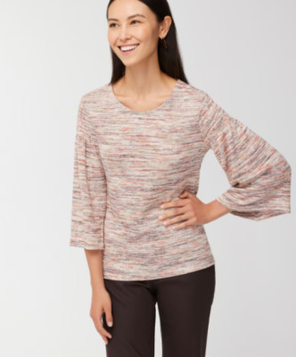 Chico's Space Dye Smocked Shoulder Knit Top 3 (L/16) 3/4 Sleeve Soft Stretch NWT