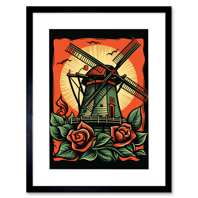 Dutch Windmill Roses Tattoo Ink Body Art Rockabilly 50s Framed Art Print 12X16