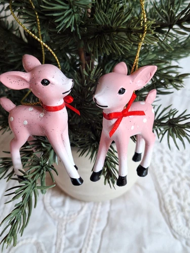 Retro PINK Reindeer Christmas Ornaments Mini Pink Glitter Set Of 2 NEW
