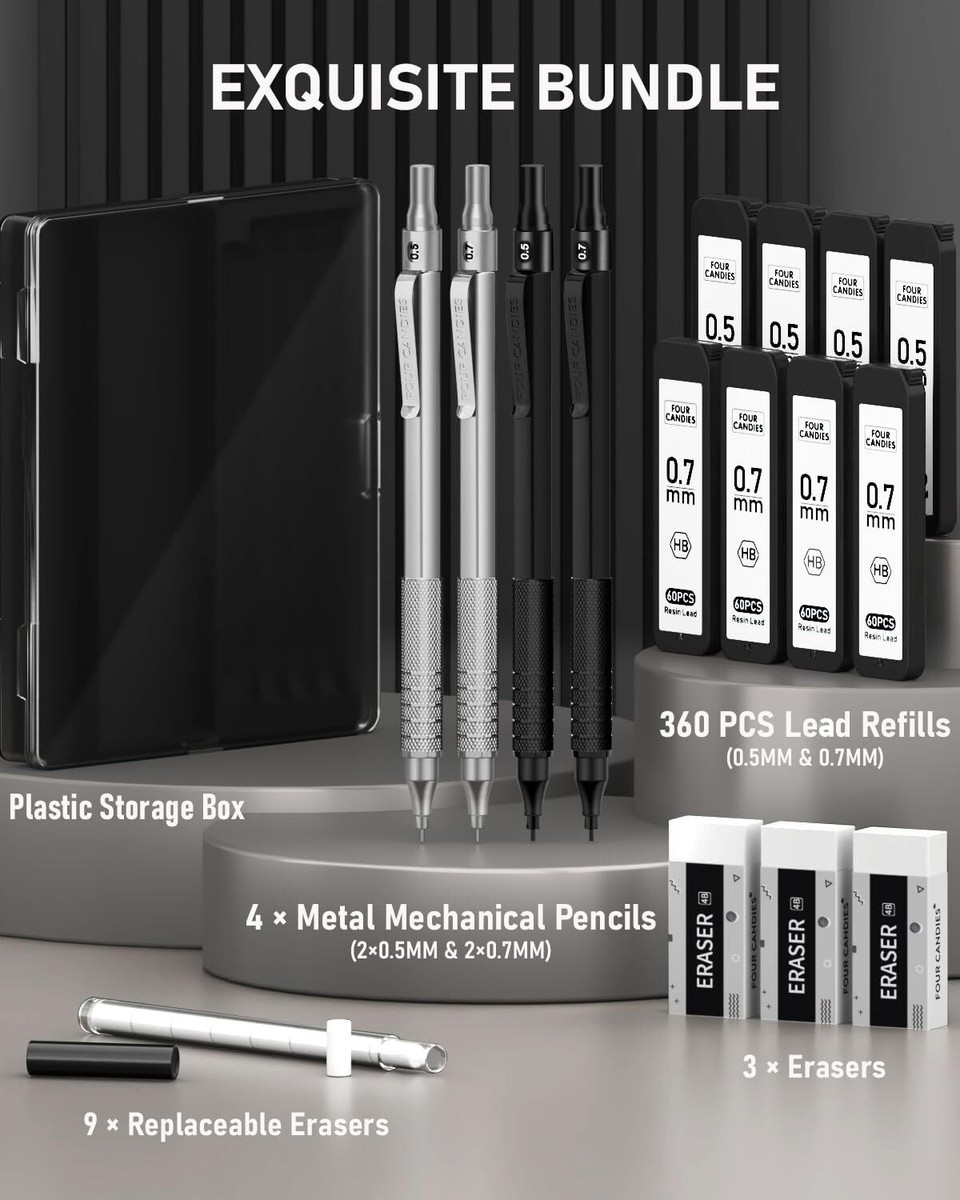 Four Candies 4PCS Metal Mechanical Pencils Set with Case 0.5mm