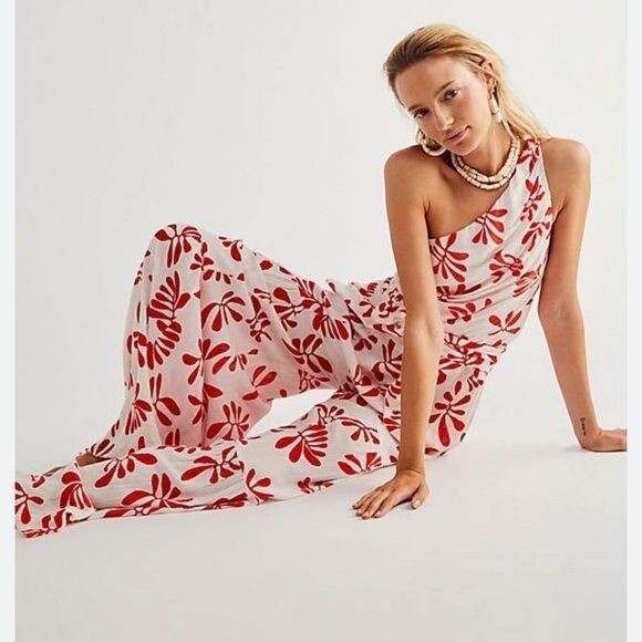 Free People Thea Red White Floral Wide Leg Jumpsuit Romper women size Large