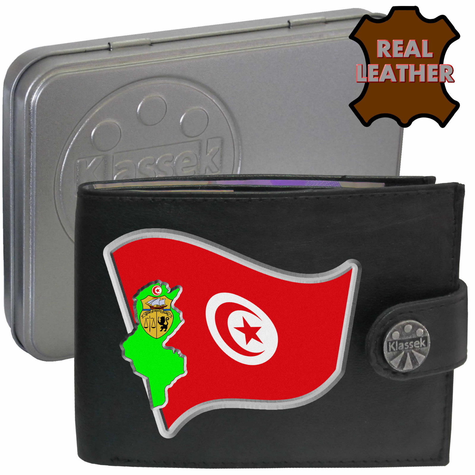 Tunisia Wallet Tunisian Flag Map Emblem Soft Genuine Leather Men's Gift Tin RFID