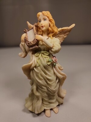 Angel Figurine With Harp And Flowing Dress Resin Statue Ang14