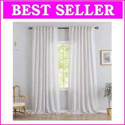 Versatile 132'' Extra Long White Linen Curtains with Semi-Sheer Fabric - 2 Panels
