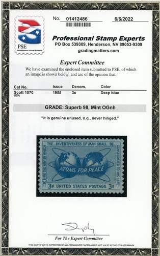US Stamp #1070 Atoms For Peace 3c - PSE Cert - Superb 98 - MOGNH - SMQ $60.00 - Picture 2 of 2