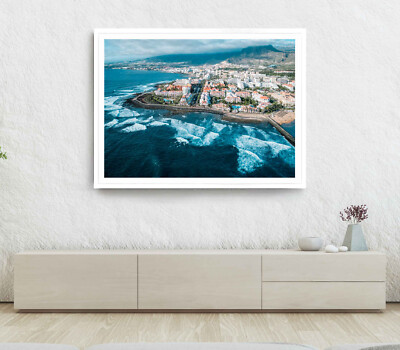 Buildings Print, City & Sea Wall Art, Cloudy Sky Framed Beach Wall Art, Coastal