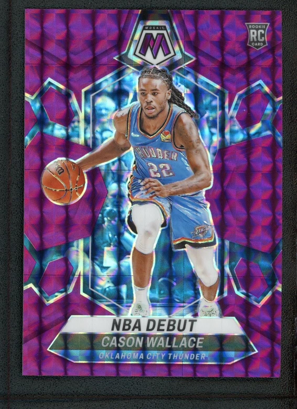 2023-24 CASON WALLACE 96/99 PANINI MOSAIC NBA DEBUT PURPLE ROOKIE RC #258