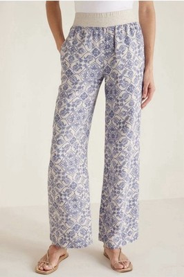 Soft Surroundings Aliso Point Linen Pants PM Blue Tile Print Wide Leg Elastic