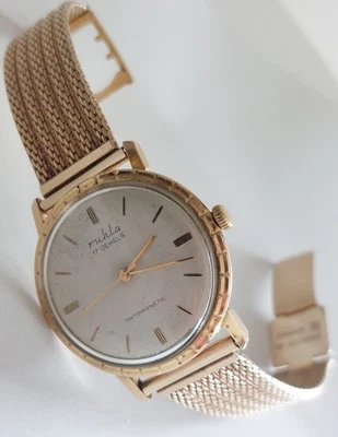 Armbanduhr DDR Uhr Ruhla vergoldet Lünette D3,4 Milanaise Band vergoldet unisex - Bild 1 von 4