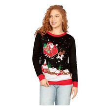 Tipsy Elves Meowy Christmas Sleigh Light Up Ugly Christmas Sweater Blue Red Knit