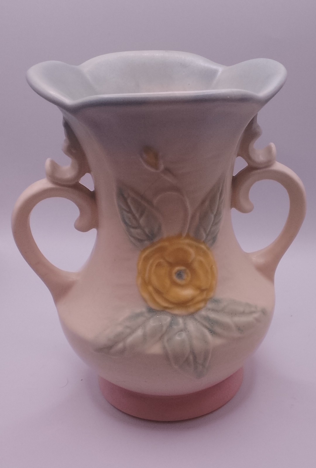VTG Hull Pottery Camellia Open Rose Matte Pink & Yellow Vase USA 134 6 1/4” READ