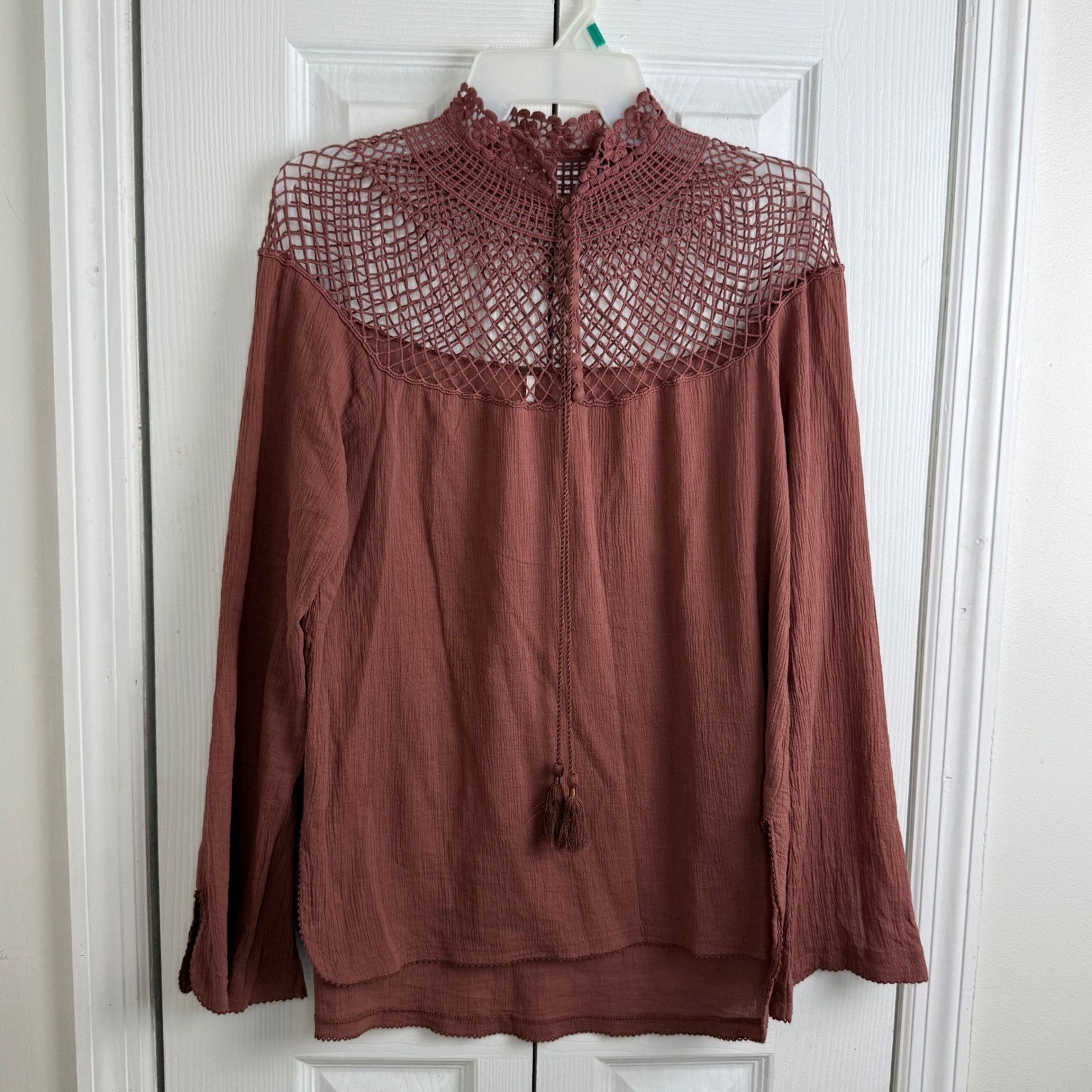 Free People Crochet Lace Yoke Blouse Small Rust Boho Cottagecore Peasant Top