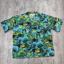 VTG 90S GOTTEX VIBRANT ABSTRACT FISH PRINT HAWAIIAN SHIRT LOOP COLLAR MENS L