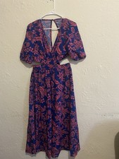 Blue Pink Floral Cut-Out Midi Dress Puff Sleeves Tie Back Size M